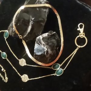 2 Vintage gold tone necklaces. Green beaded 26 inches gold tone s chain 28 inch
